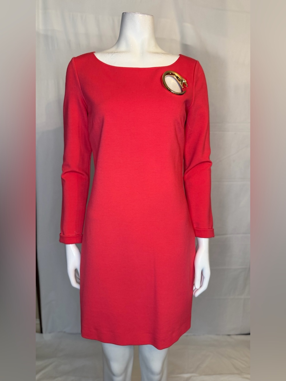 Cavalli Class Red Long-Sleeve Shift Dress with Gold Accent